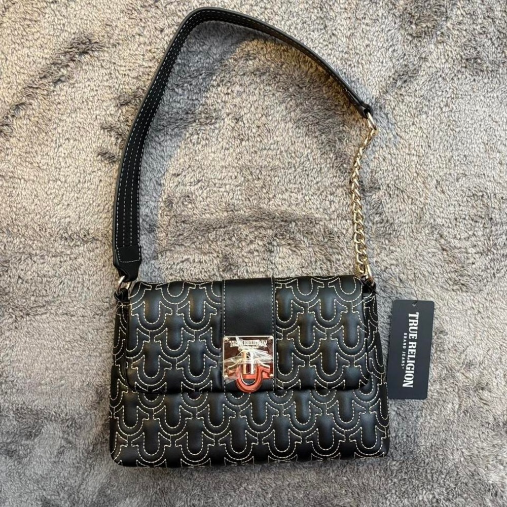 True Religion Black and Gold Crossbody Bag with White Stitching